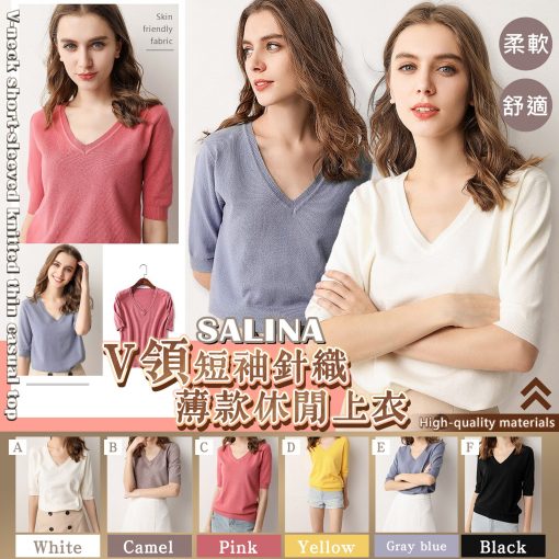 [訂]SALINA V領淨色針織短袖上衣